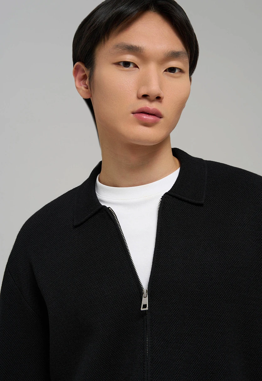 Zip-Up Cardigan with Stand Collar